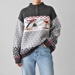 90s Apres Ski Quarter Zip Henley Sweater 1/4 Fair Isle Nordic Cabincore Alpine S